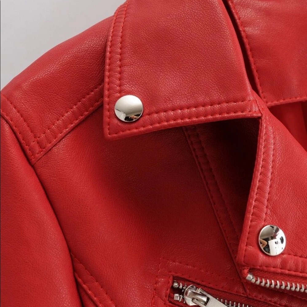Vegan leather jacket zipper arms glam classic moto red - Picture 4 of 11